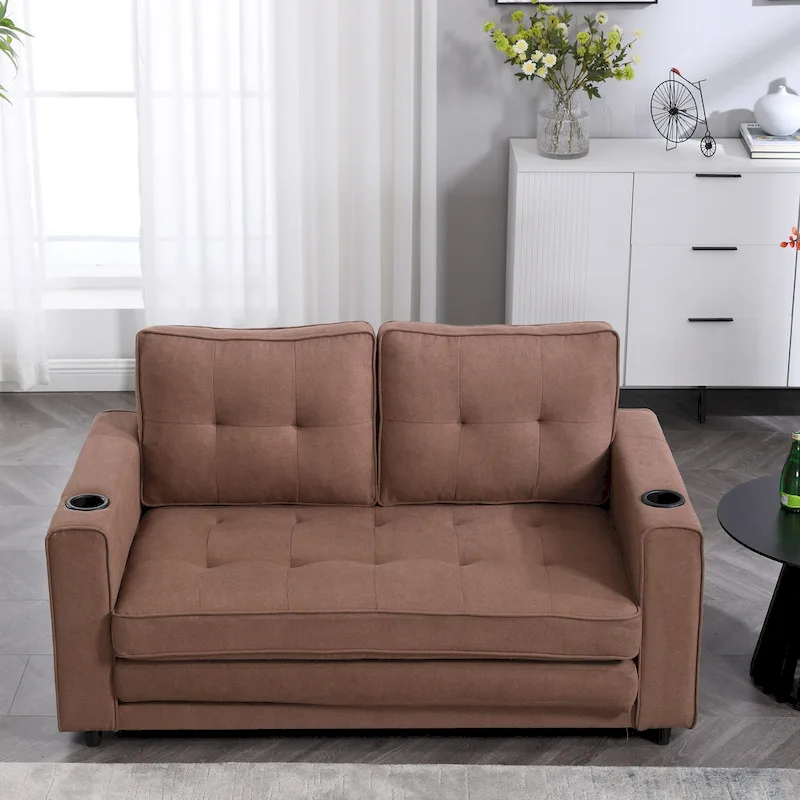 Foldable Tufted Loveseat with Pull Out Bed and Side Pockets