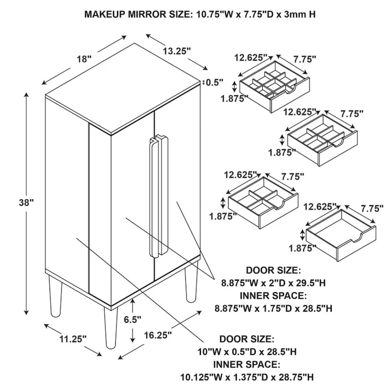 Jewelry Armoire on Tapered Legs - 38 - White