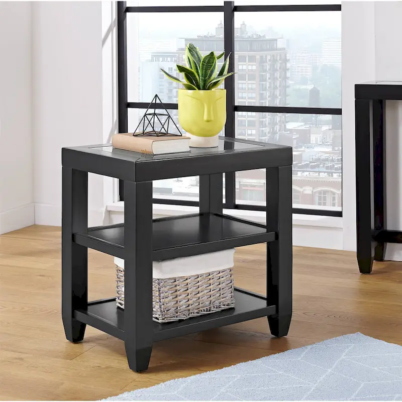 Black / White Glass Top End Table, 2-Shelf, Single