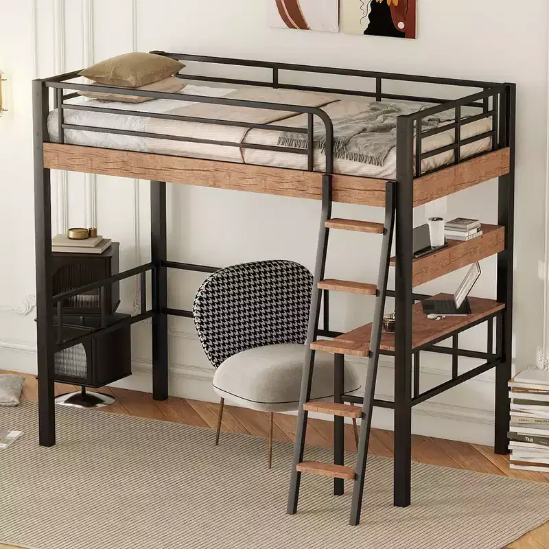 Bellemave Twin Loft Bed with Desk, Ladder & Bookshelves, Heavy Duty Metal High Loft Bed Frame, Space Saving Design, Black