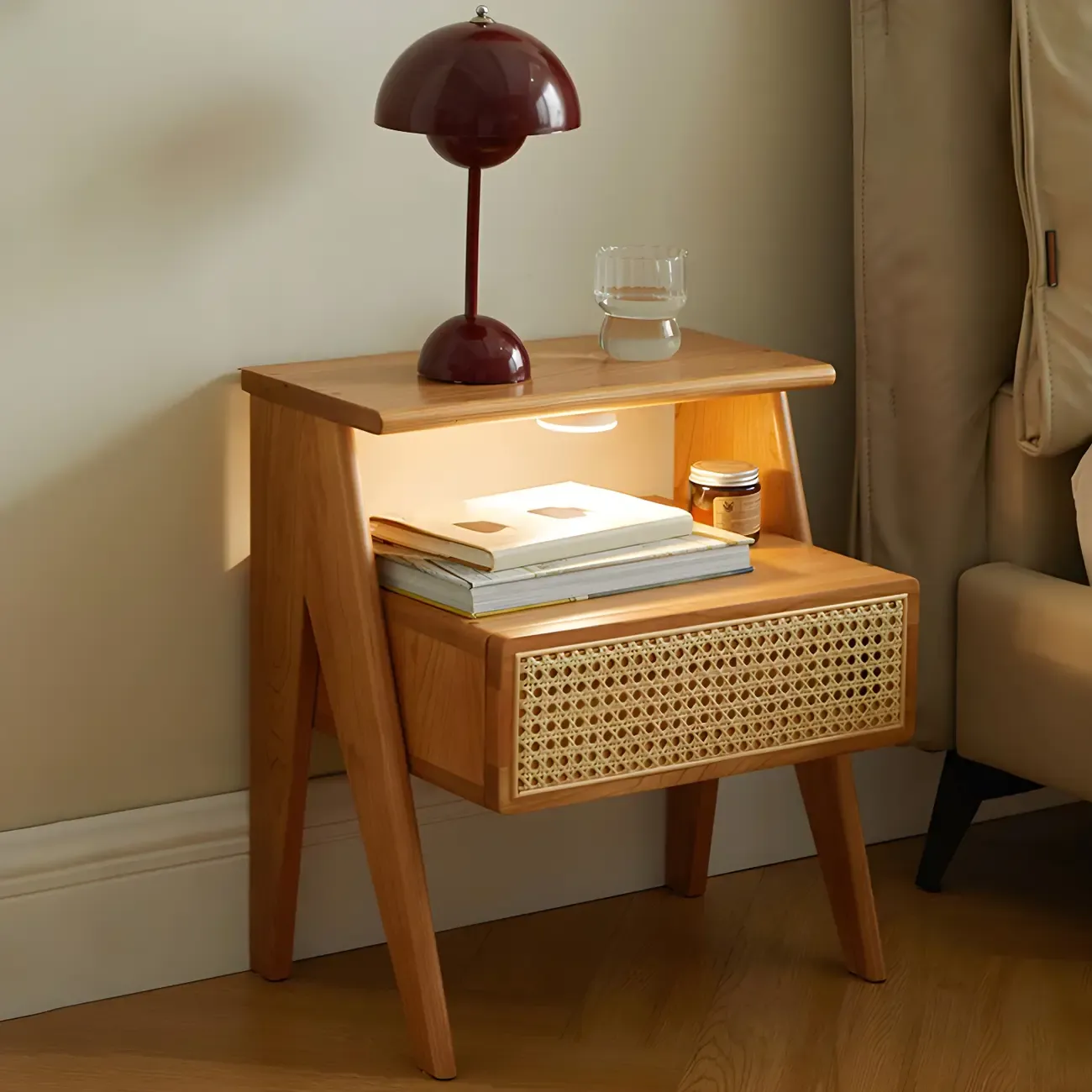 Unique Natural Finish Rattan Wood Nightstand with Storage