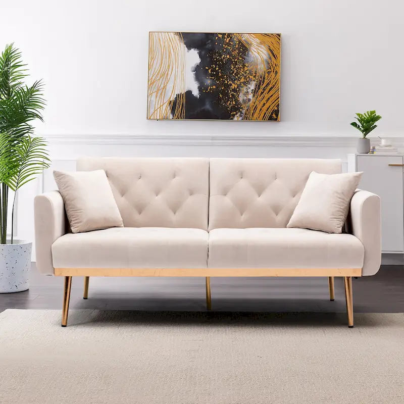 Sleeper Sofa with Reversible Chaise, Linen, Tufted, Rose Gold Legs, 450 lbs, 8 Colors