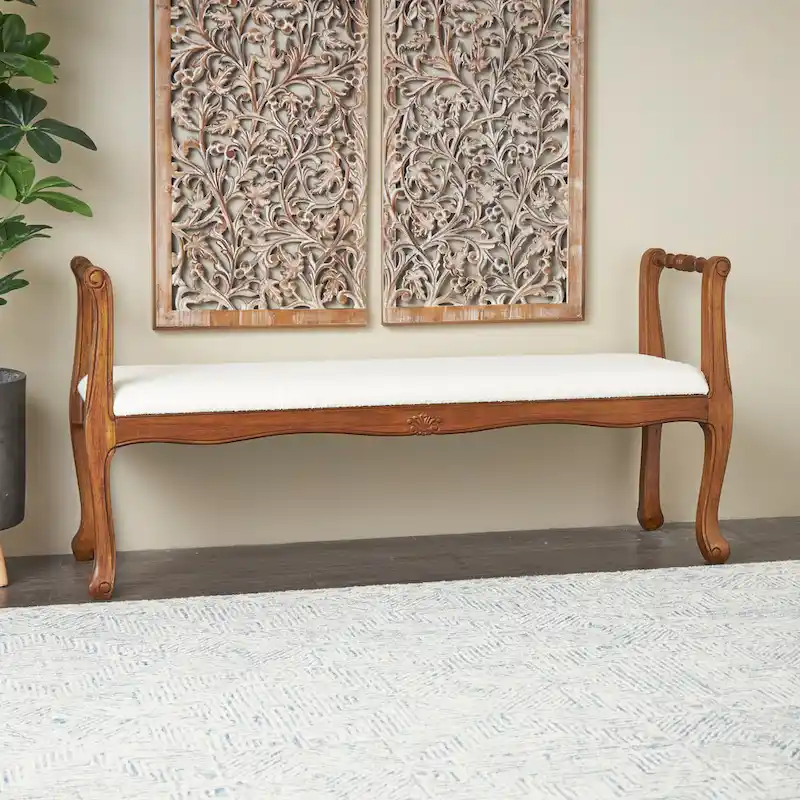 Fabric Arm Bench with Brown Traditional Wood Turned Legs - Cream - Roche River Decor - 16  W x 55  L x 27  H
