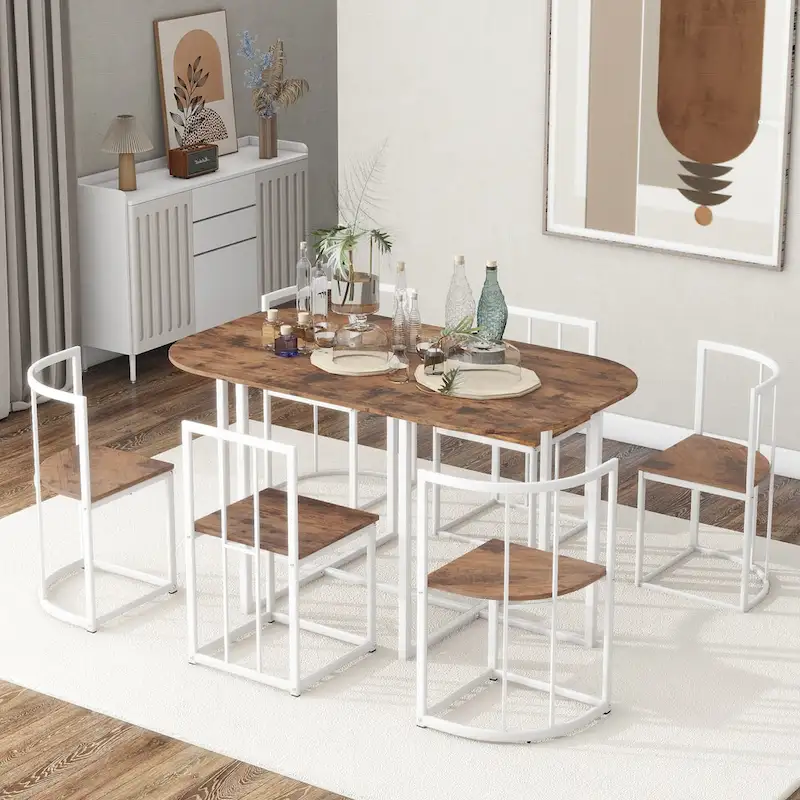 Modern 7-Piece Metal Frame Dining Table Set with Half-Round Table & 6 Chairs