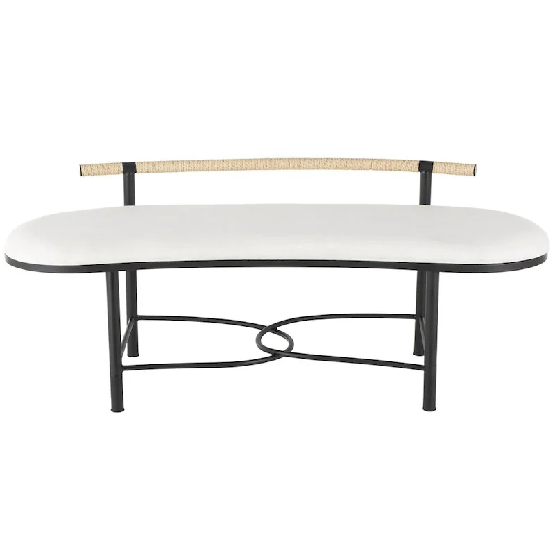 White Upholstered Oval Bench with Black Metal Frame & Rope Backrest – Seats 3