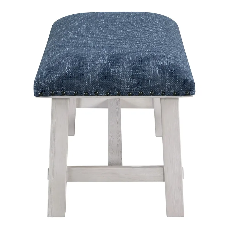 Callen Bench with White Wash Frame and Antique Bronze Nailhead Trim in Navy Fabric