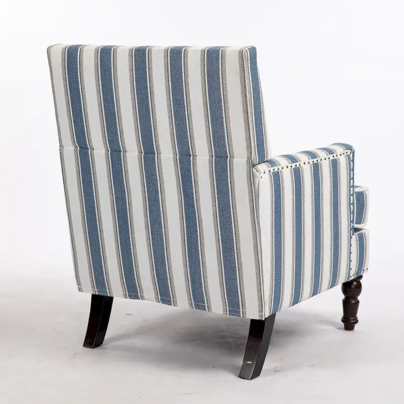 Accent Armchair, Blue & White Stripe Linen Upholstery, High-Density Foam, Solid Wood Frame, Turned Legs, Blue, 1-Person Use