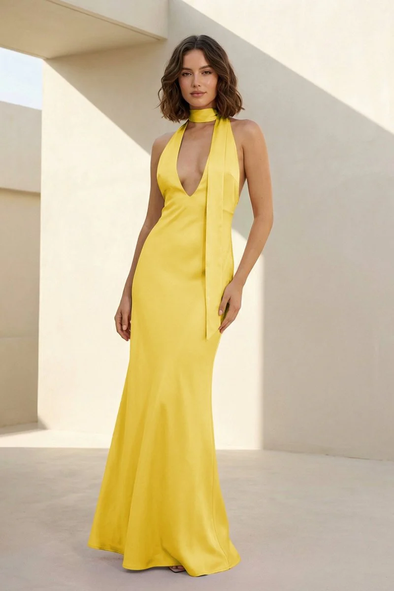 Yellow - Halter Deep V Neck Satin Sheath Backless Long Prom Dresses