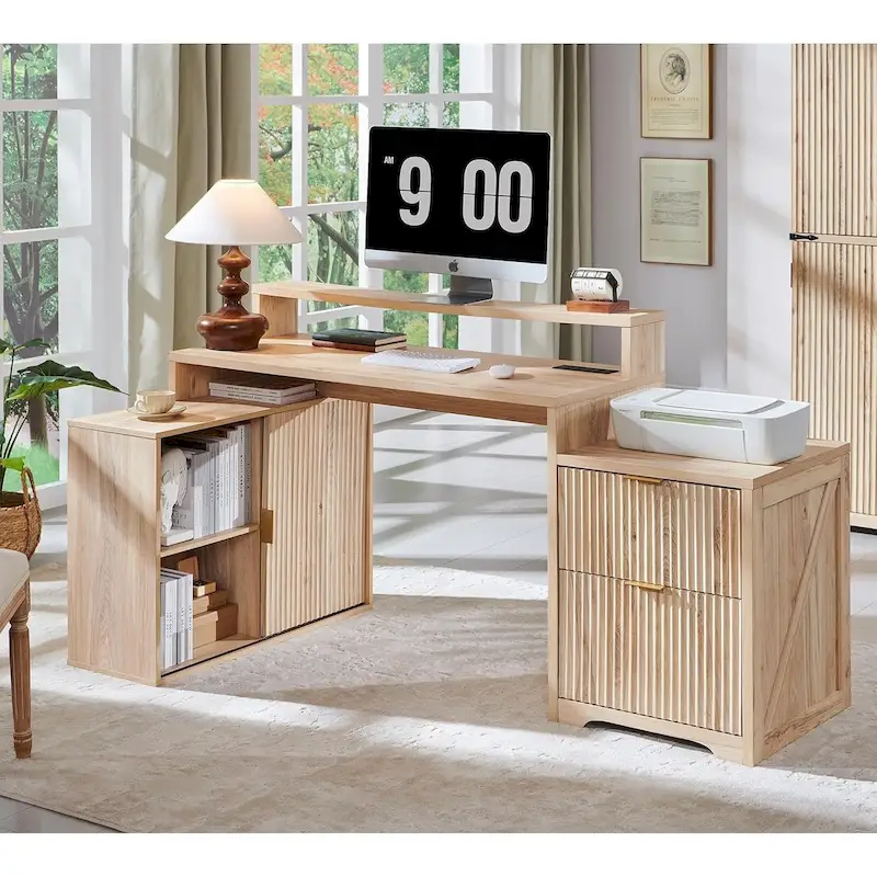 Natural Oak / Grayish Green / Off White L-Shaped Desk, 67