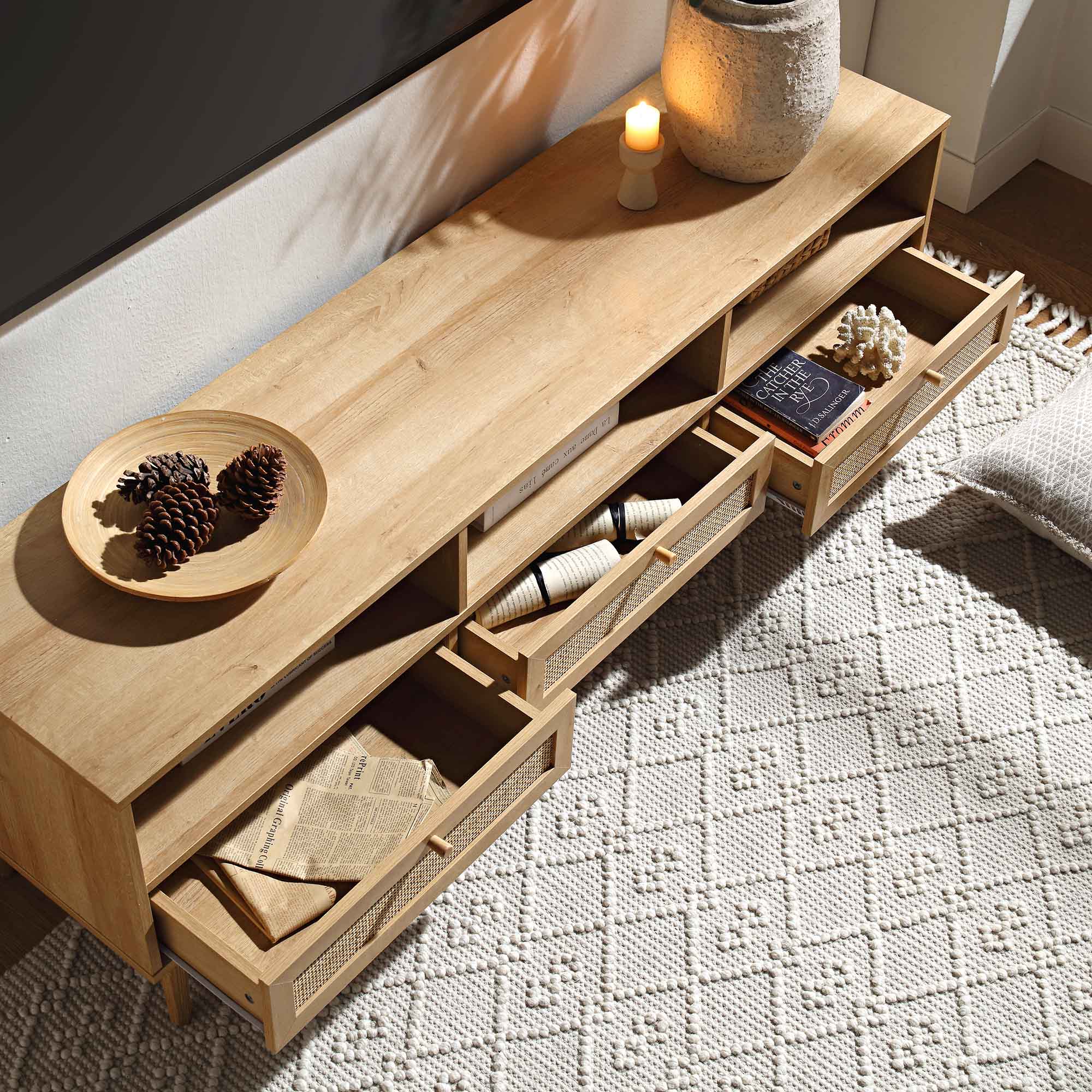 Woven Rattan 63 in. 3-Drawer TV Unit, Natural