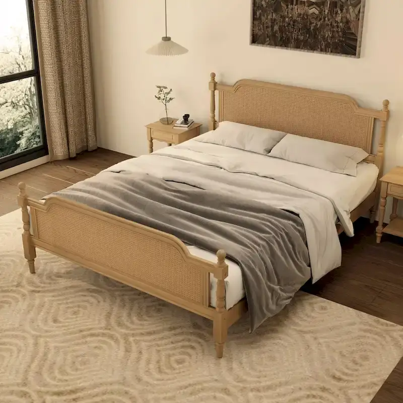 Walnut / White Rattan Platform Bed Frame, King / Queen, No Box Spring Needed