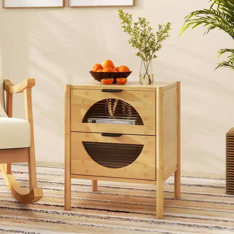 Costway 1/2 PCS Bamboo Nightstand with 2 Storage Drawers & Reeded Tempered Glass Fronts Bedroom