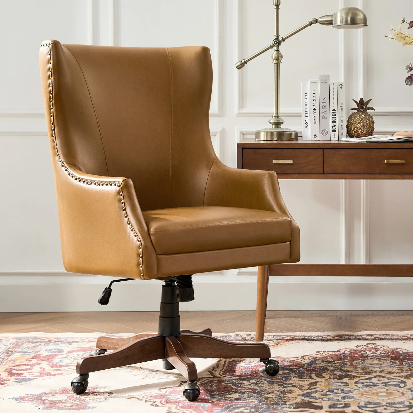 PU Leather Wingback Office Chair with Copper Nailheads, Adjustable Height & Swivel | Camel / Black / Brown | Single Seat