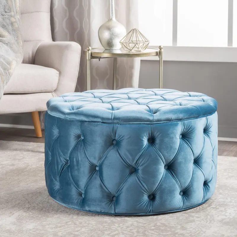 Modern Glam Tufted Velvet Round Ottoman