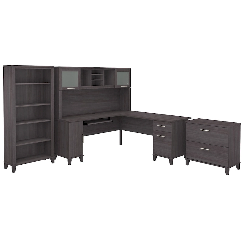 Somerset 72W L Shaped Desk with Hutch, Cabinet and Bookcase in Gray