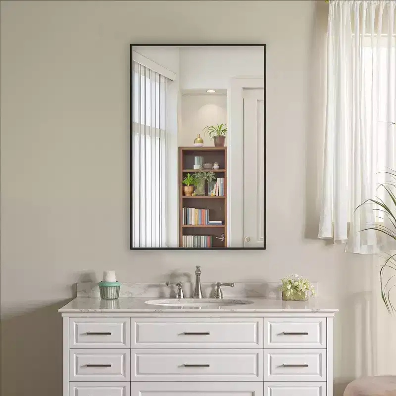 Contemporary 91cm Black Aluminum Rectangular Mirror with Slim Frame, Right Angles, 1.5cm Depth