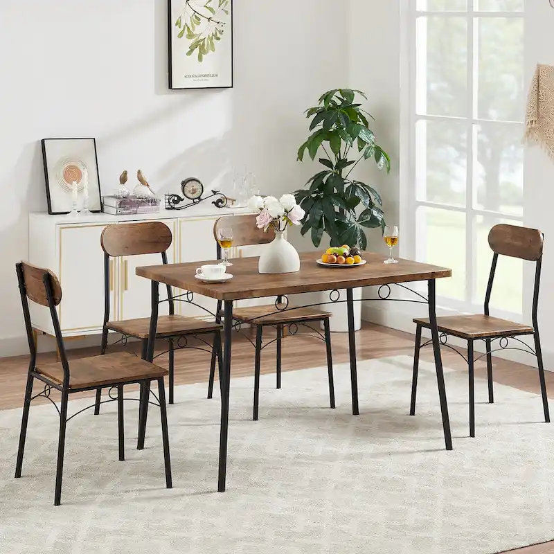 VECELO Dining Table Set, Kitchen Table with 2/4 Chairs, Metal and Wood Rectangular 3/5-Piece Dining Set