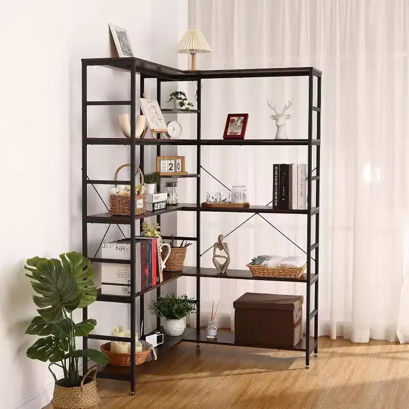 Acekool 5-Tier L-Shaped Bookcase, Metal Frame Corner Bookshelf with Open Storage and Curved Panels, Vintage Industrial for Living Room, Office