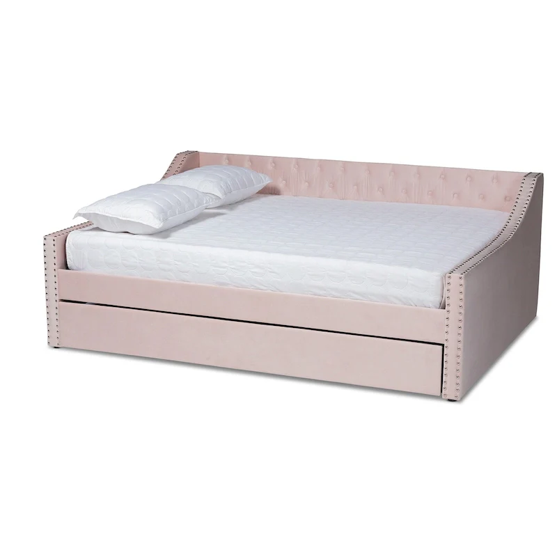 Pink / Navy / Grey Velvet Tufted Daybed with Pull-Out Trundle, Sleeps 2, Contemporary Style