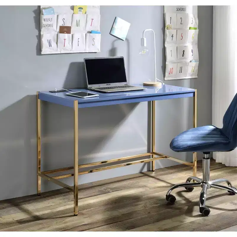 TUYOHW Modern 40 Writing Desk,Office Desk with Built-in USB Port,High-Gloss Desktop,Gold Open Metal Base,Rectangular Desk for Bedroom,Office,Study