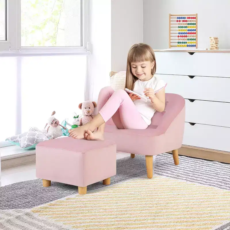 Costway Kids Sofa Chair w/ Ottoman Toddler Single Sofa Velvet Upholstered Couch Grey\Pink