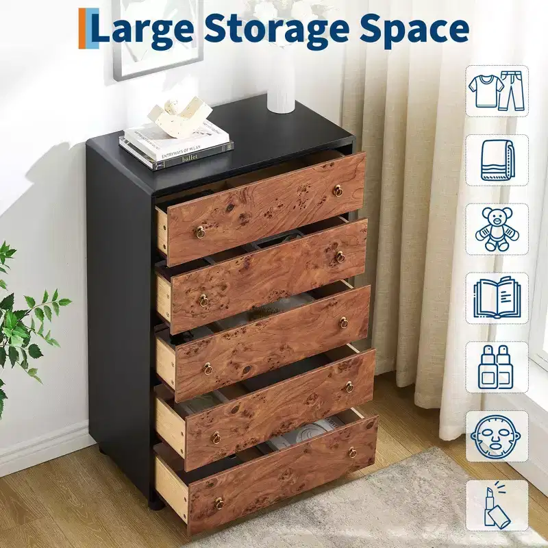 5 Drawers Dresser for Bedroom, 46 Tall Wood Chest of Drawers with Metal Handles, Heavy-Duty TV Stand for Living Room, Closet Storage Organizer