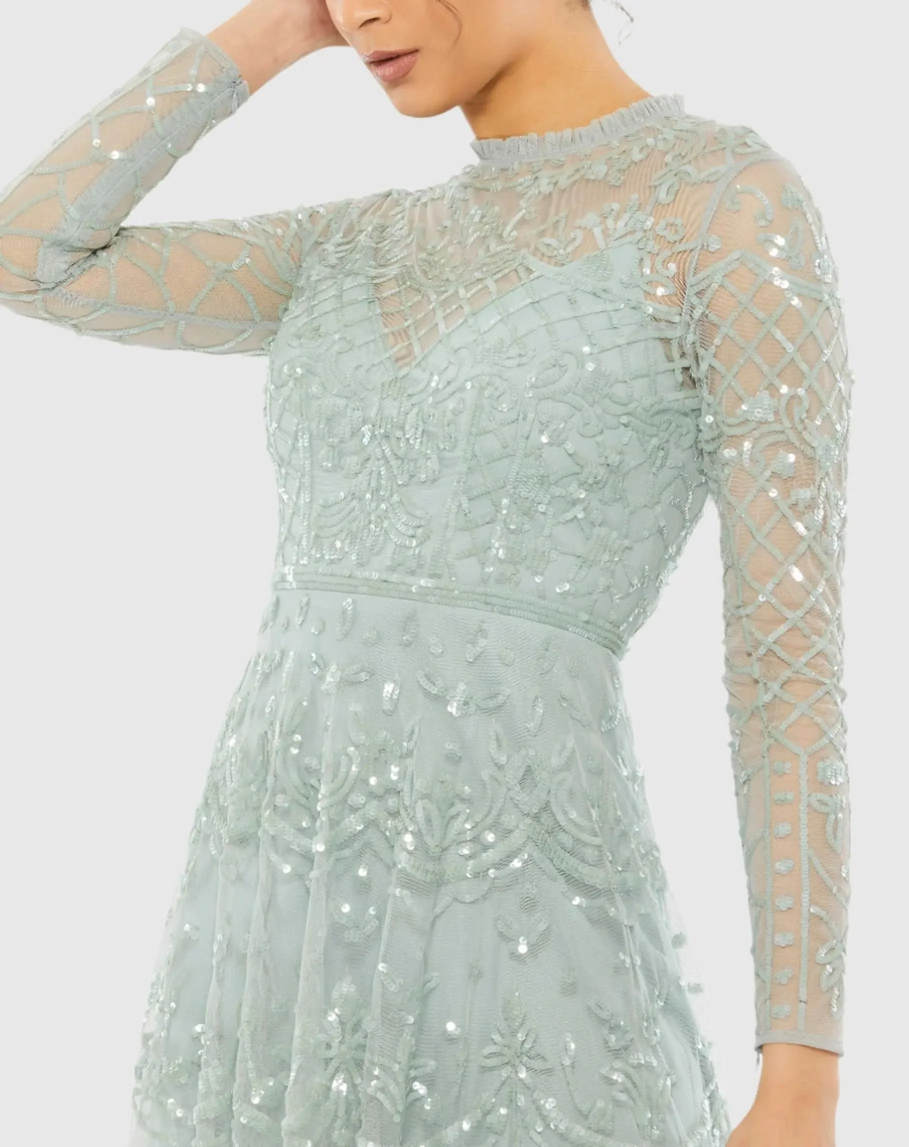 Blue Sequined Illusion High Neck Long Sleeve Midi Dress