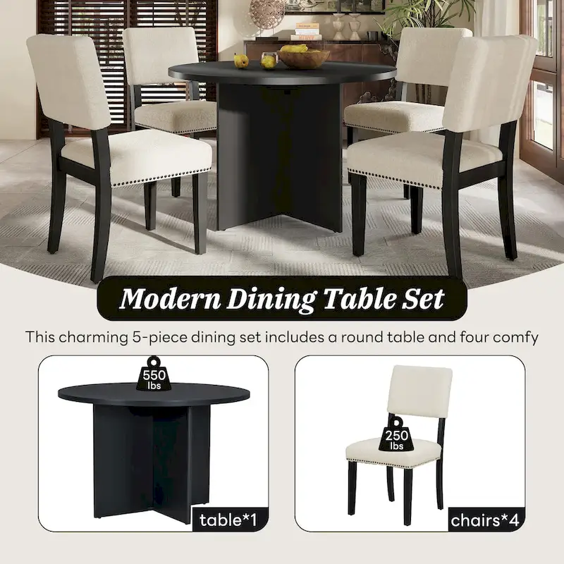 Modern 5-Piece Round Dining Table Set Pedestal Kitchen Table Set with 4 Upholstered Dining Chairs