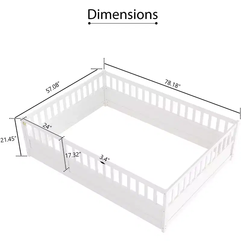 Bellemave Full size bed,construction with super high security barrier, door, Montessori wooden floor bed, white