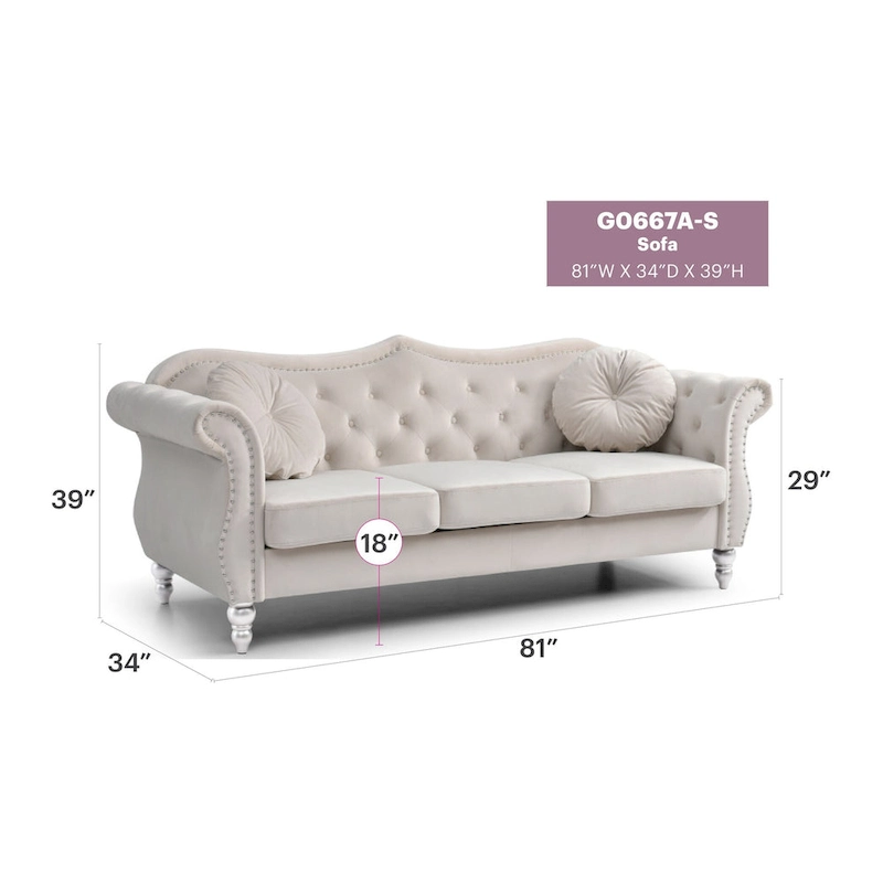 Hollywood 82 in. Velvet Chesterfield 3-Seater Sofa with 2-Throw Pillow - 82L x 35W x 34H