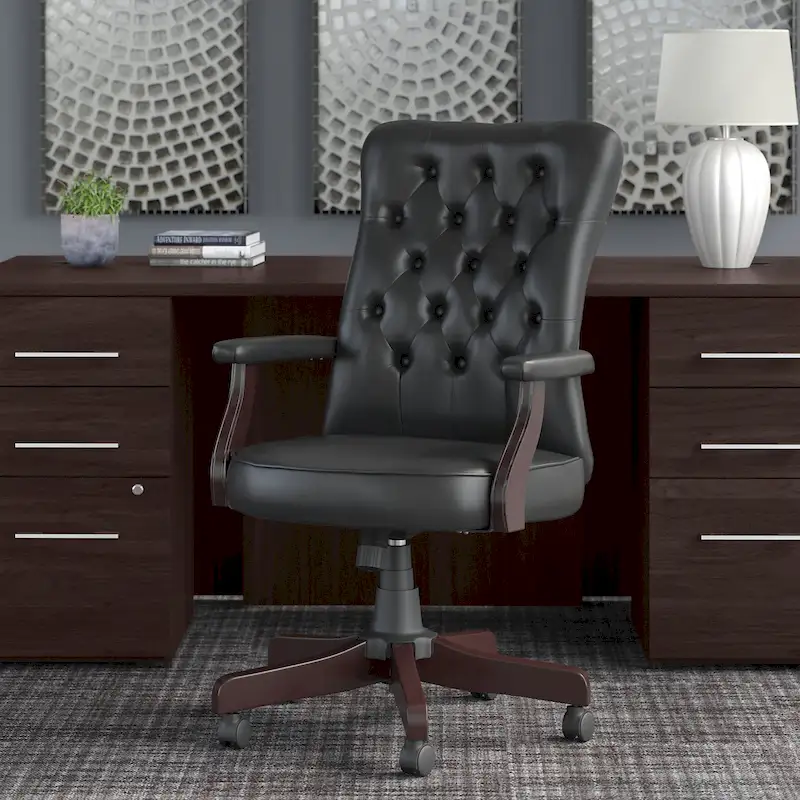 High Back Tufted Office Chair with Arms - Espresso Wood Base