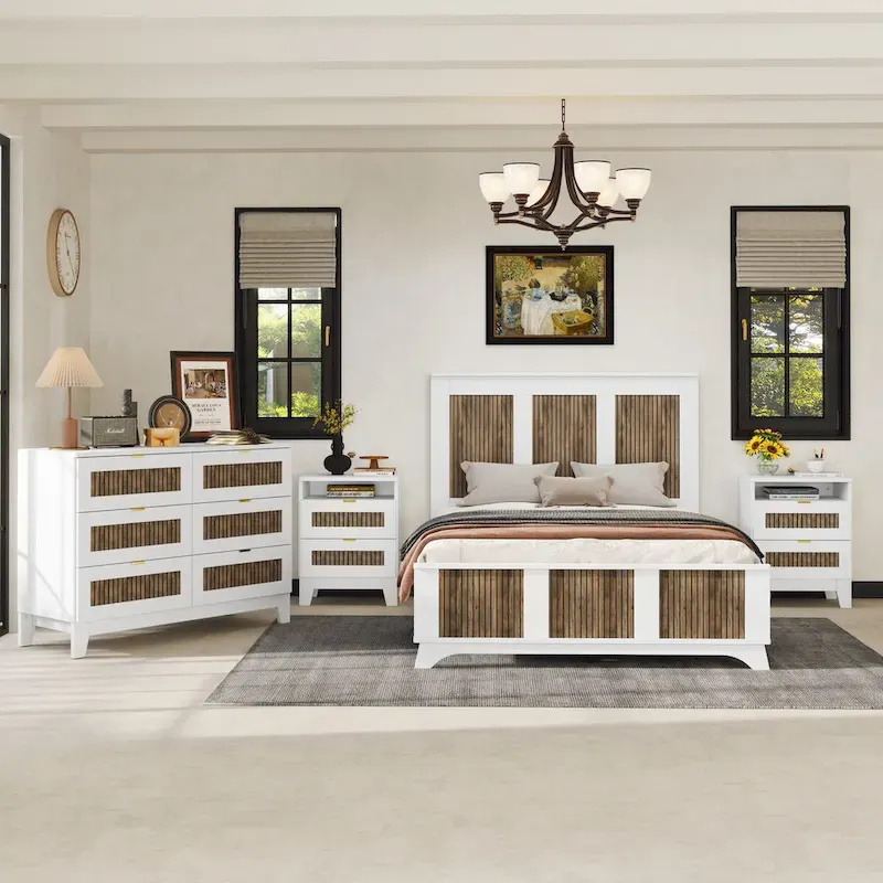 4-Pieces Bedroom Sets,Full Size Farmhouse Platform Bed with Wooden Strip Decoration,Storage Nightstand and Dresser