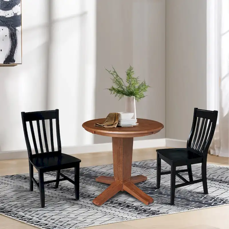 30 in Round Top Pedestal Dining Table with 2 Dining Chairs in Distressed Oak/Black