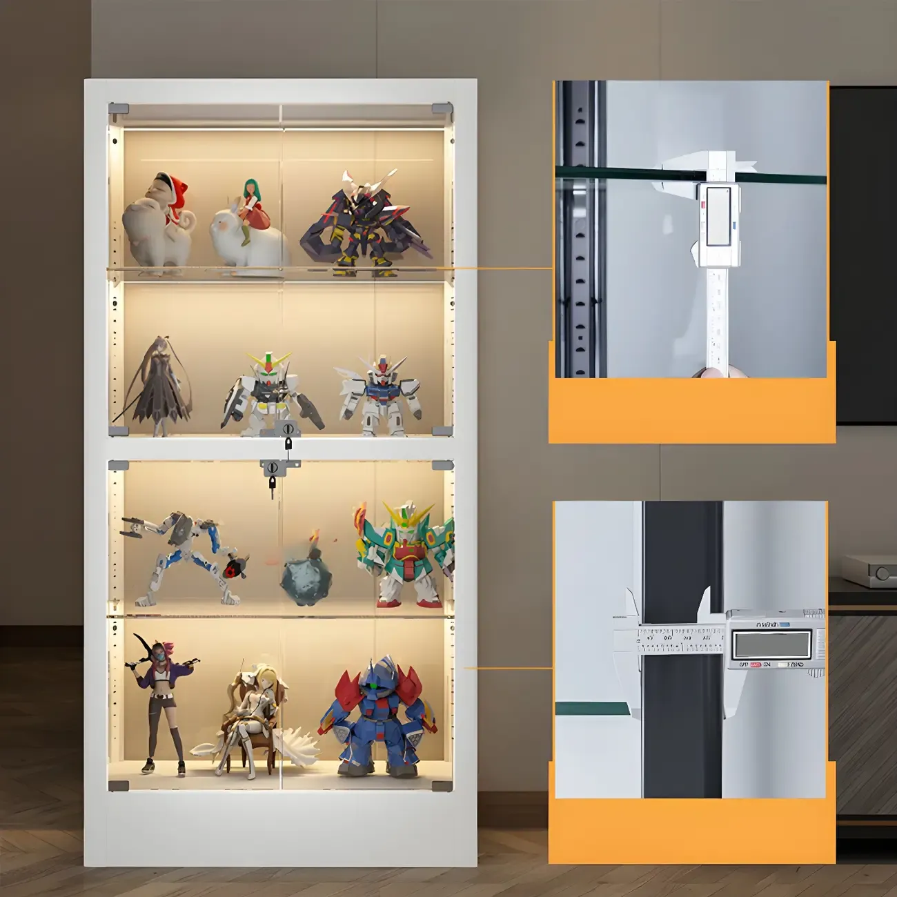 Adjustable Shelves White Glass Locking Curio Cabinet