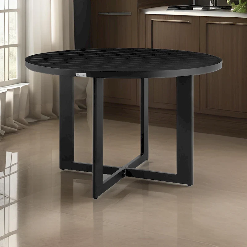 Ollie 48 Inch Patio Dining Table, Aluminum Frame and Round Tabletop, Black