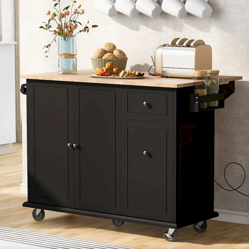 53.9 Width Rolling Kitchen Island with Drop Leaf and 3 Tier Pull Out Cabinet