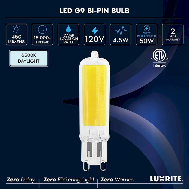 Luxrite G9 LED Bulb Dimmable 4.5W, 50 Watt Equivalent, 450LM, Glass G9 Bi Pin Base, ETL (5 Pack)