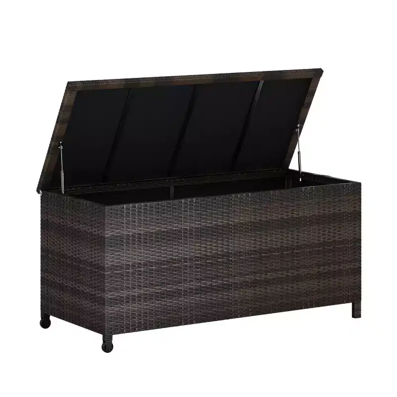 PE Rattan Deck Box with Lockable Wheels, Outdoor Storage Chest with Side Handles for Patio Cushions Pool Toys