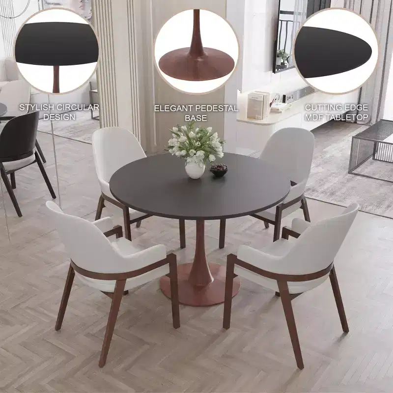LeisureMod Bristol 35'' Modern Round Dining Table  Durable MDF Top and Wood-Transfer Walnut Steel Base for Kitchen, Dining Room, or Cafes
