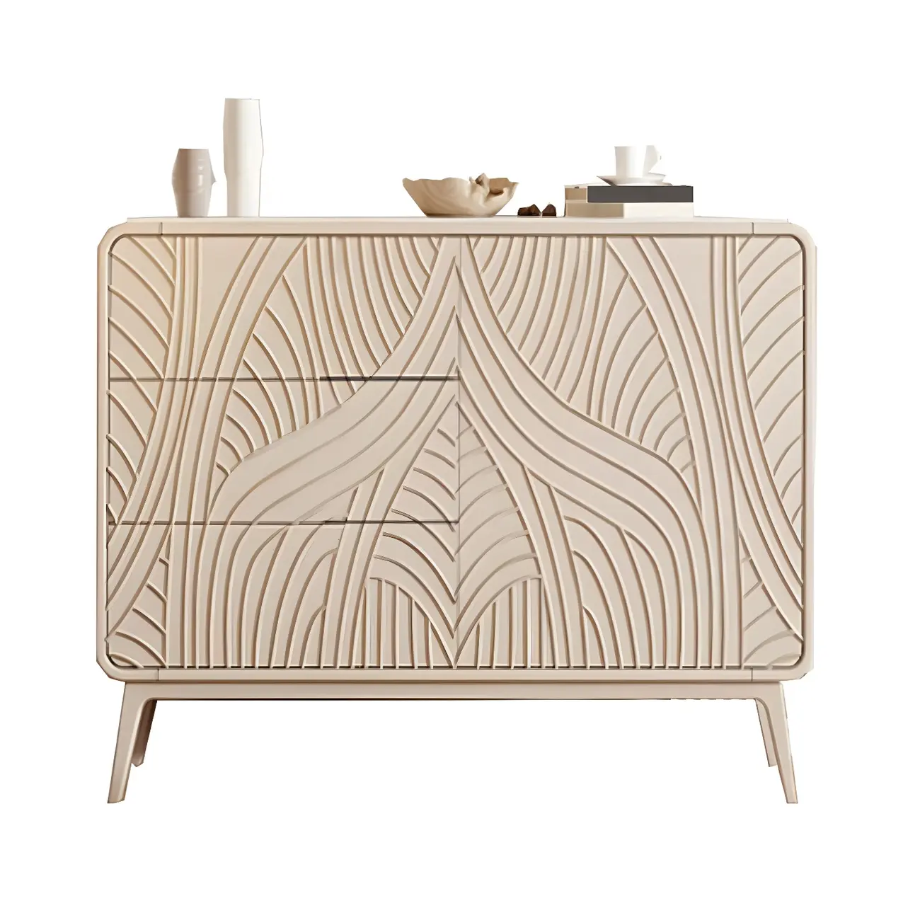 Glam White-Wood Protruding Lines Soft-Close Drawers Dresser