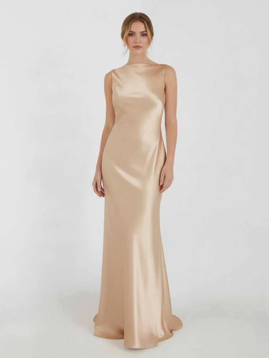 Sheath High Bateau Neck Backless Silk Satin Wedding Dress