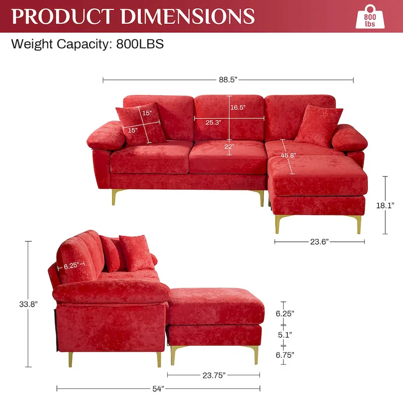 Upholstered Velvet Sectional Sofa with Pillows & Ottoman