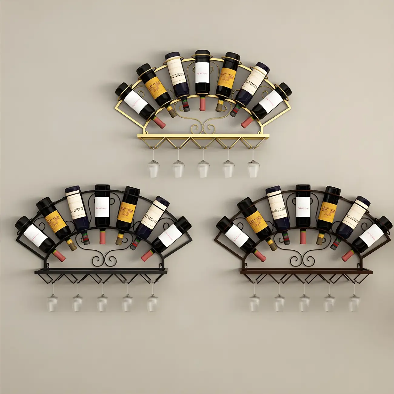 Fan-shaped Simple Metal Wall-Mounted Wine Bottle & Glass Rack