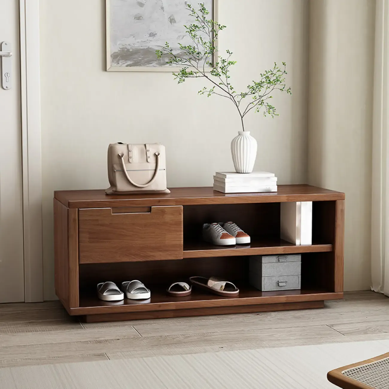 Entryway Rubberwood Singer Drawer Shoe Storage Bench