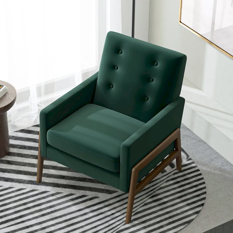 Mid Century Modern Forest Green Velvet Lounge Chair w/ Walnut Brown Legs - 33