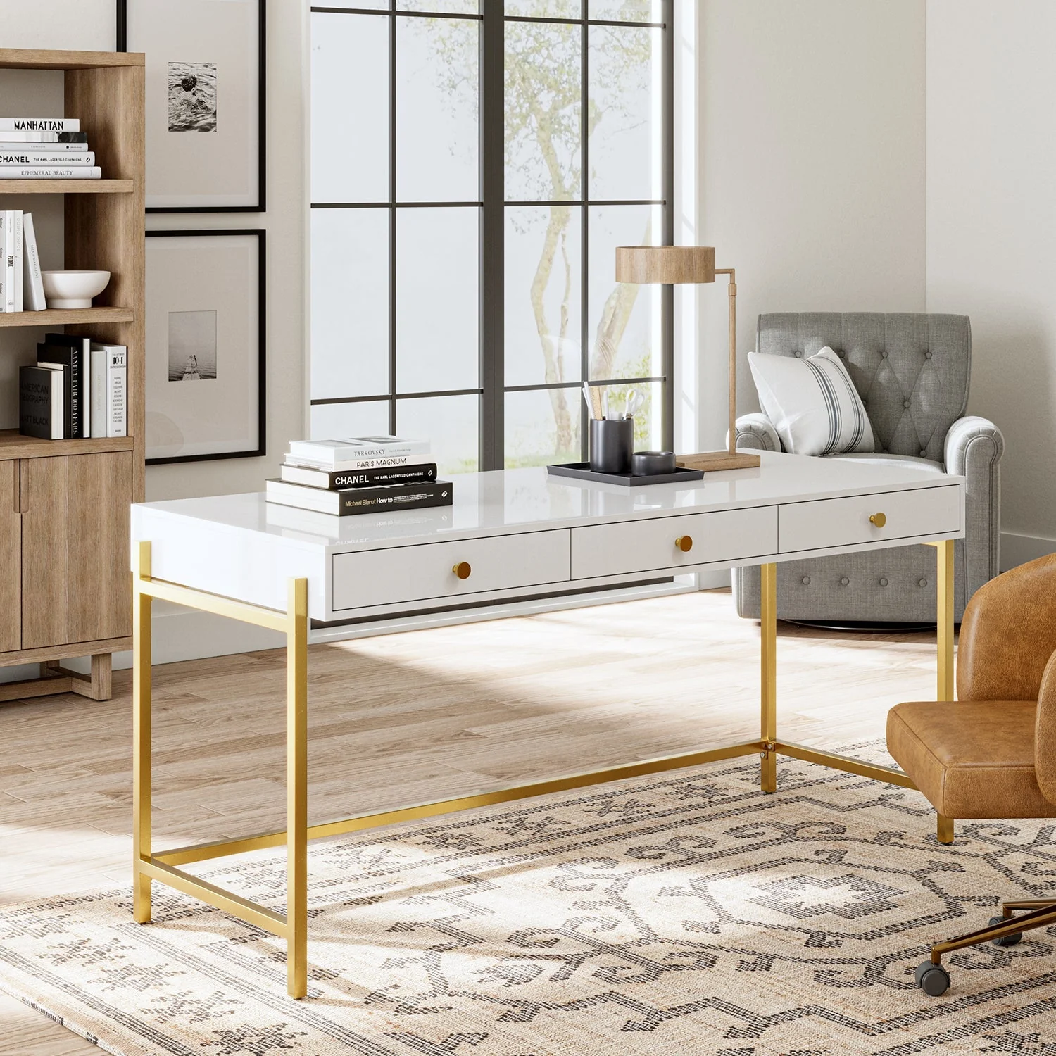 3-Drawer Desk with Glossy Black Top, Soft-Close Drawers & Gold Metal Legs | White / Black | Single