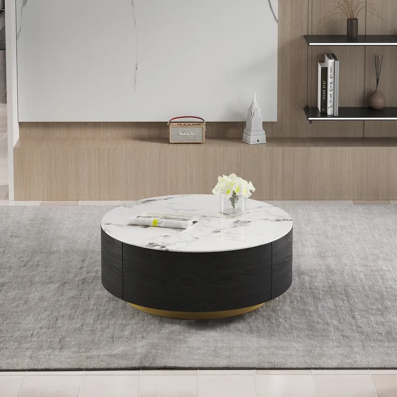 Modern Round Coffee Table, White Sintered Stone Tabletop with 2 Drawers