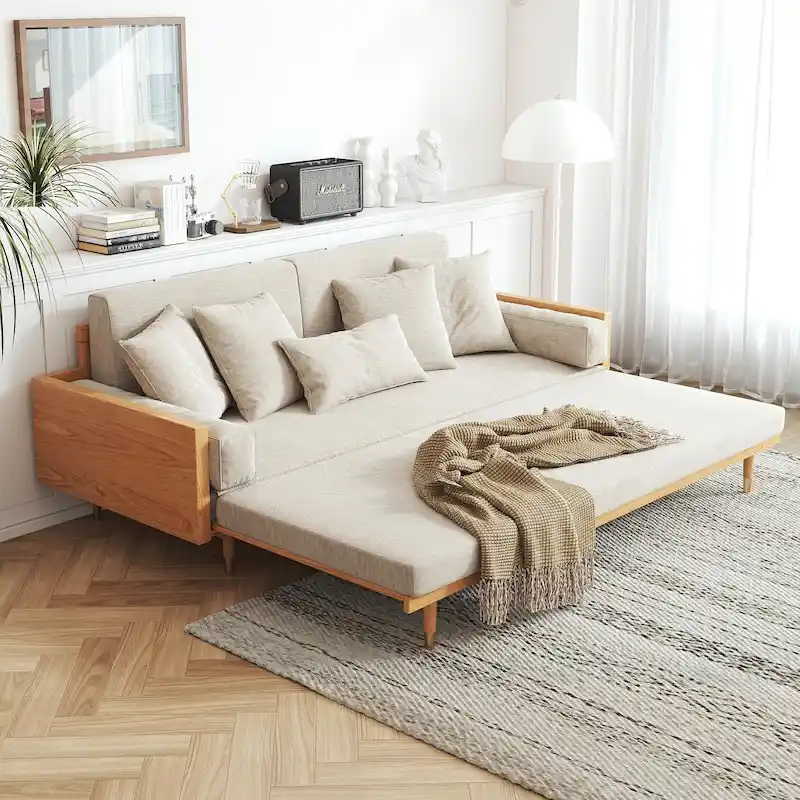 Modern Retractable Solid Wood Sleeper Sofa Bed | Pull-Out Design, Compact, Living Room & Guest Room
