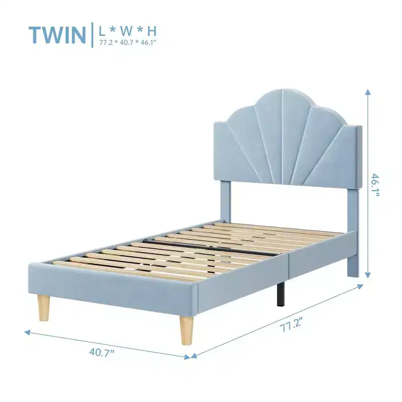 Coolmee Twin/Twin XL Bed Frame, Velvet Upholstered Platform Bed Frame with Height Adjustable Headboard for Boys and Girls, Wood Slat Support