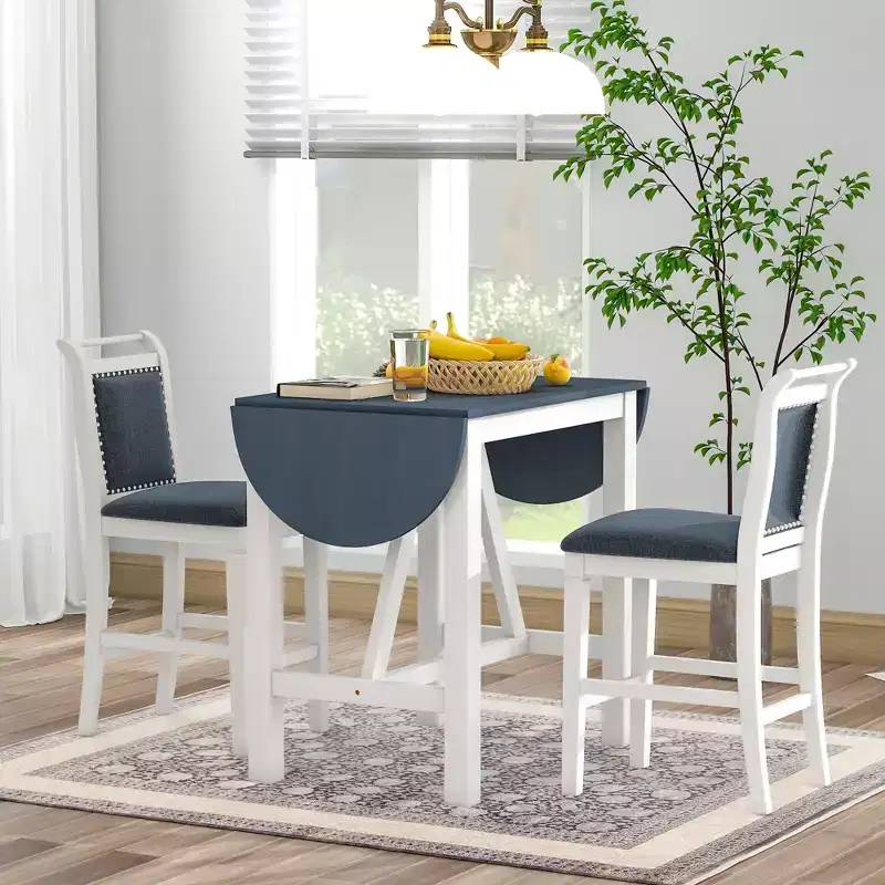 3 Piece Dining Set, Extendable Drop Flap Table with 2 Chairs, Space-Saving Sturdy Rubber Wood Kitchen Table Set for 2, Home Restaurant